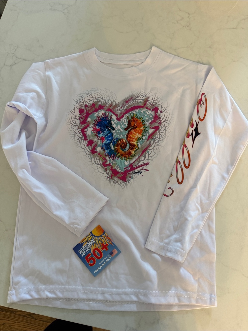 Reelly White Kids Rashguard with Multicolor Seahorse Heart Graphic